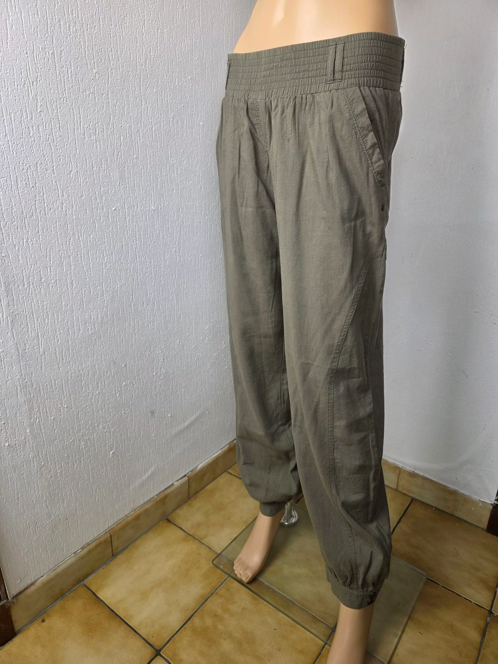 Pantalon carotte / sarouel kaki Promod (Lin & Coton) taille 40/42
